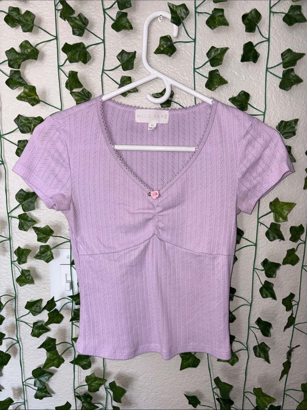 wild skye Lavender Ribbed V-Neck Short Sleeve Top with Heart Button